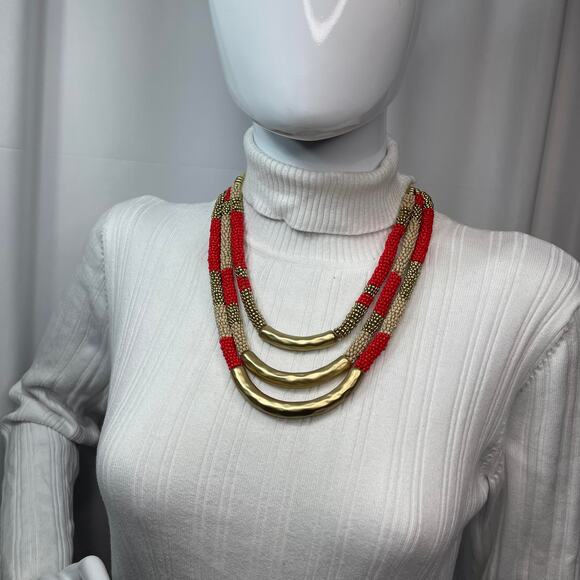 Chico's statement necklace red and gold tone multi strand signed costume jewelry - Picture 3 of 14